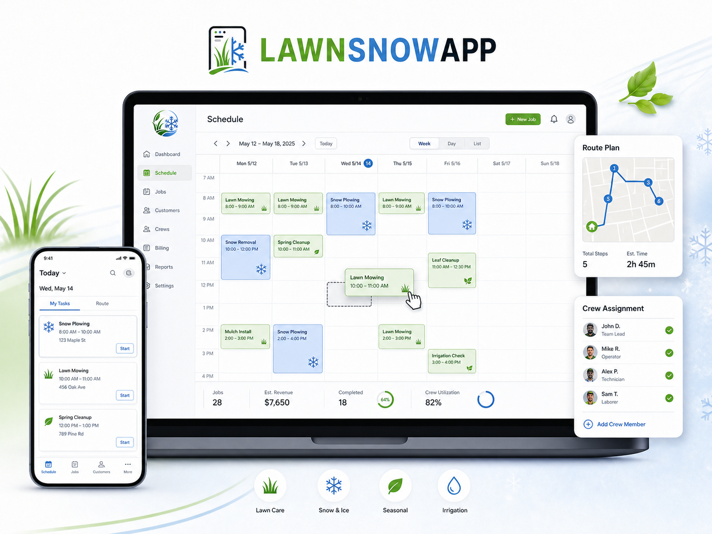 LAWNSNOWAPP scheduling, route planning, and crew assignment dashboard.
